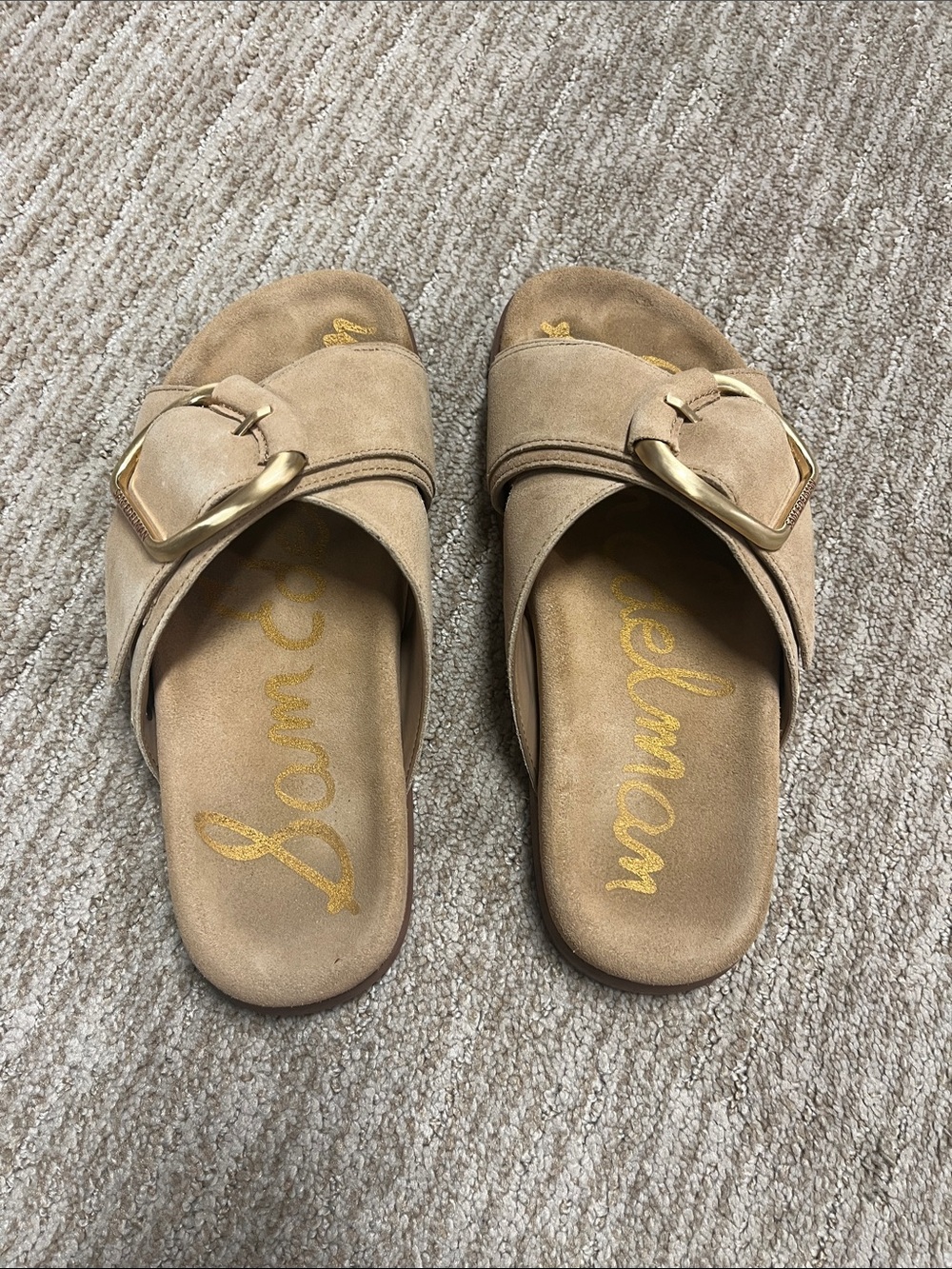 Sam Edelman Darla Tan Suede Slide Sandals with Gold Buckle